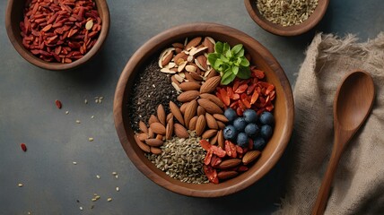 Superfood bowl – a large wooden plate with neatly laid out ingredients: chia seeds, flaxseed, goji berries, almonds. All in muted pastel colors for a cozy effect.