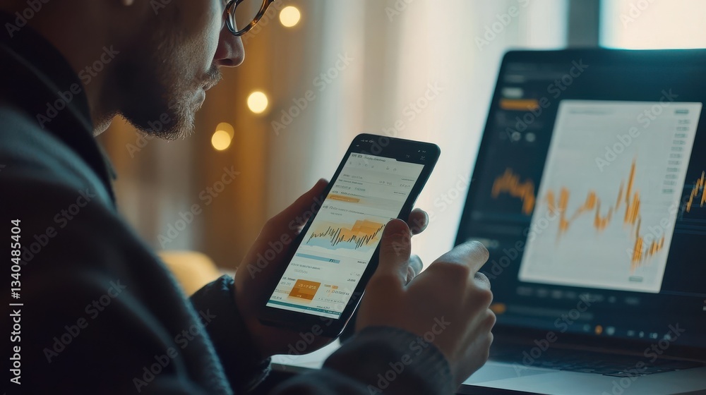 Poster business man trader investor analyst using mobile phone app analytics for cryptocurrency financial m