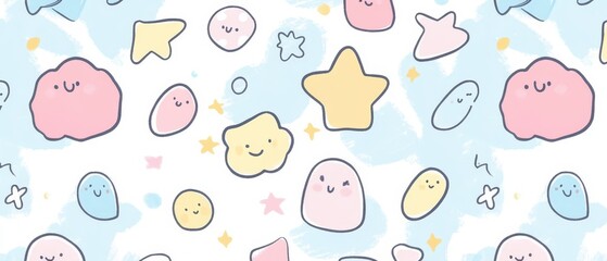 Obraz premium Playful kawaiistyle doodle pattern with tiny faces, abstract shapes, and soft pastel colors, seamless layout