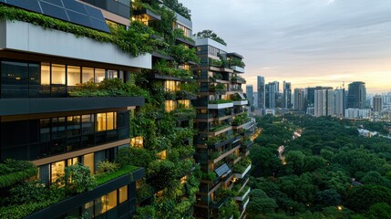 Modern Eco-Friendly Architecture with Greenery and Urban Skyline at Dusk in a Metropolis with Contemporary Residential Buildings