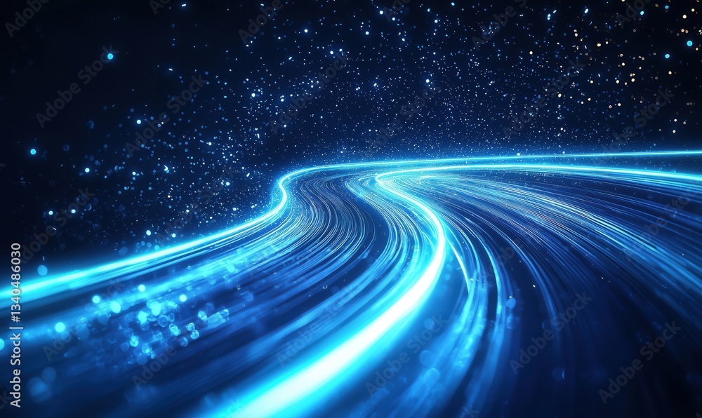 Poster dynamic blue light trails creating a sense of speed and motion in a digital landscape
