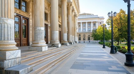 Obraz premium Elegant Columns and Steps of Historical Government Building Surrounded by Greenery Under Clear Blue Sky on Bright Sunny Day