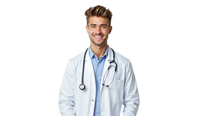 Fototapeta premium Smiling doctor portrait. Medical professional in lab coat with stethoscope. Healthcare, hospital, clinic. Isolated on transparent background.