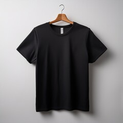 A perfectly straight black t-shirt hangs neatly against a crisp white background, showcasing its clean lines and smooth texture