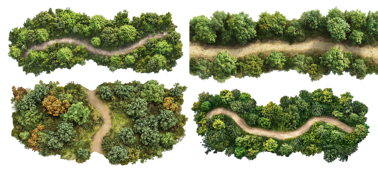 Set of aerial forest pathways with green foliage, isolated on transparent cutout background