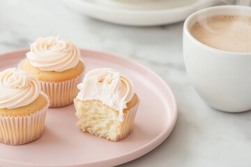 delicate flat-lay of rose-shaped buttercream cupcakes arranged on a soft pastel pink plate, coffee