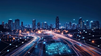 Cityscape at night with interconnected network.  Possible use Stock photo for technology, future, or urban design
