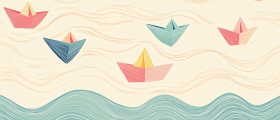 Naklejka premium Cute floating paper boats and wavy water lines in a whimsical pastel seamless pattern, handdrawn and fun