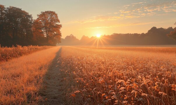 Golden sunrise over frosty field with autumn trees and vibrant sky