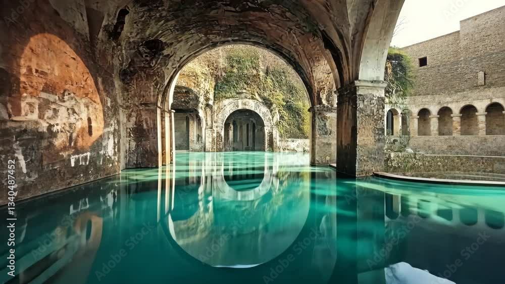 Poster mysterious underground pool with ancient architecture reflecting serene calmness
