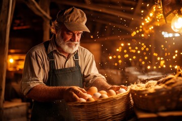 A farmer collecting eggs in a wicker basket inside a warm, well-lit chicken coop