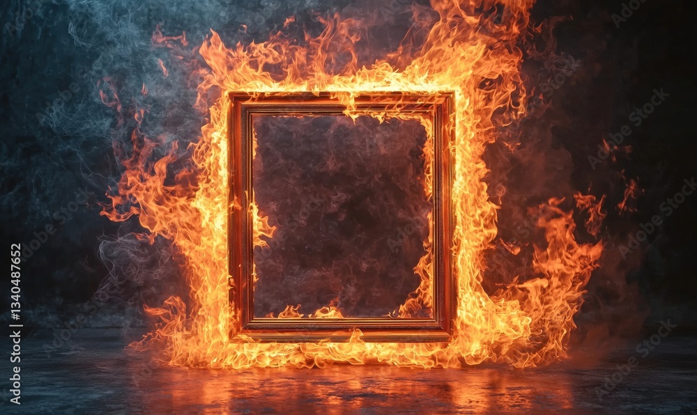 Poster burning frame surrounded by flames creating dramatic visual effect