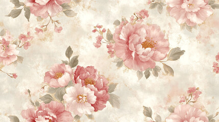Vibrant Pink Rose And Cherry Blossoms on Soft Background Image, A Delicate Floral Image Perfect for Wedding Invitations, Greeting Cards, Soft pink peonies bloom against a gentle watercolor background.