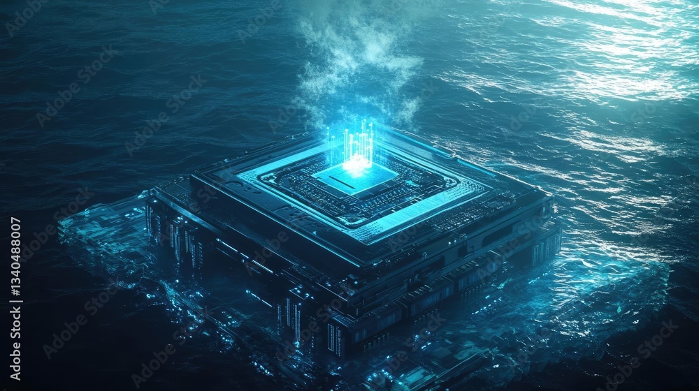 Poster glowing microchip submerged in dark blue water, futuristic technology concept. a digital artpiece. f
