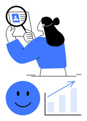 Female figure examines profile details with magnifying glass, complemented by a happy face and upward bar graph. Ideal for recruitment, feedback, assessment, analysis, progress, satisfaction, HR