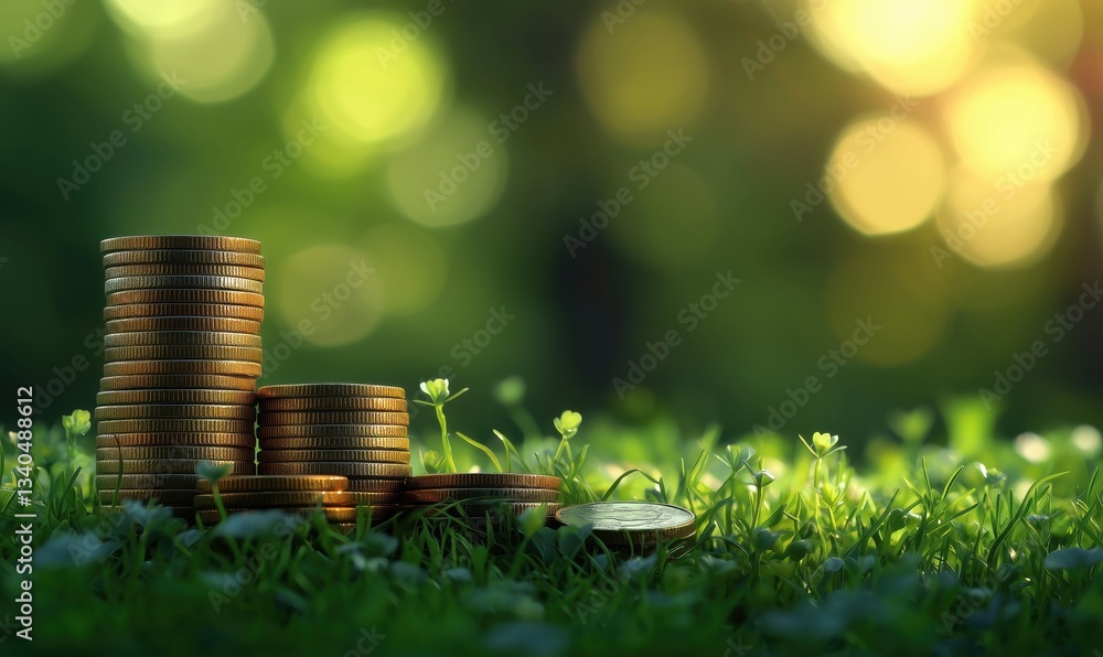 Aufkleber stacks of coins on green grass with blurred bokeh background representing wealth and prosperity