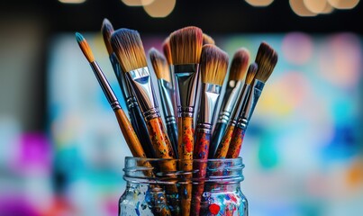 Fototapeta premium Artistic paintbrushes in a jar showcasing vibrant colors and creative tools