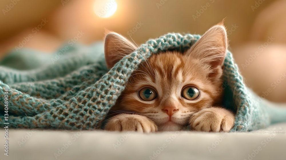 Poster adorable photography of a tiny scottish fold kitten curled up and nestled inside a soft plush blanke