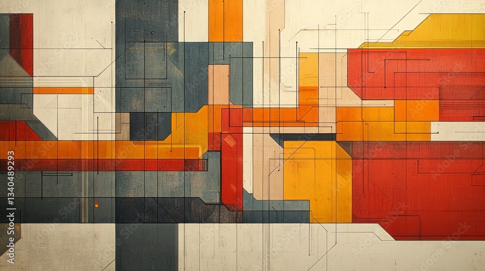 Poster abstract geometric painting with lines and blocks of color