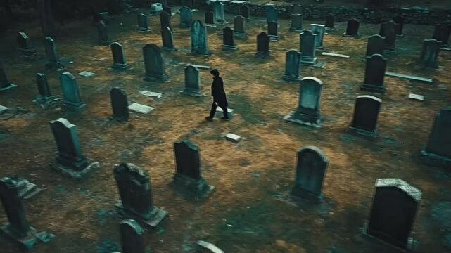 A man walked slowly through the cemetery, reflecting on memories as he passed by the gravestones.