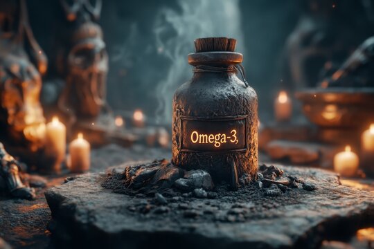 A gothic depiction of an ancient elixir bottle labeled "Omega-3," glowing faintly on a stone table surrounded by dark, ornate carvings and flickering candles