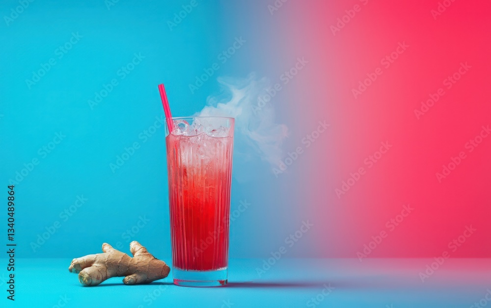 Poster red drink with ice and ginger root with smoke effect on a blue and red gradient backdrop