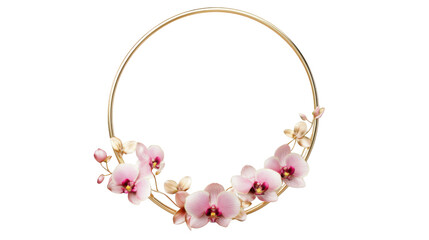 Plakat Golden round frame decorated with blooming pink orchids on transparent background