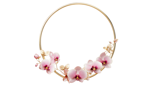 Golden round frame decorated with blooming pink orchids on transparent background - Powered by Adobe