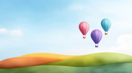 Fototapeta premium Three colorful hot air balloons float gracefully over rolling hills under clear blue sky, creating serene and picturesque scene. landscape features vibrant green and orange hues