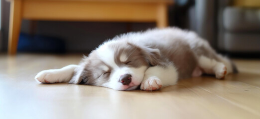 Australian shepherd puppy sleeps peacefully on a wooden floor, enjoying a moment of tranquility.