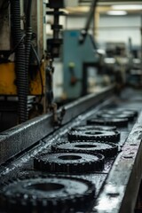 Fototapeta premium Freshly molded parts cool on conveyor belts. Machines work steadily in the background