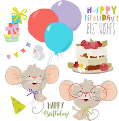 Vector Cartoon Set with Cute Little Mouse, Birthday Cake, Balloons