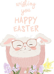 Happy Easter Greeting Card with Cute White Bunny. Vector Illustration