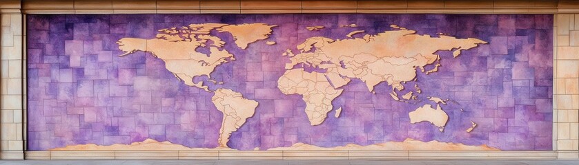 Naklejka premium large, artistic world map mural is displayed on wall, featuring continents in warm beige tone against textured purple background. map is detailed and visually striking