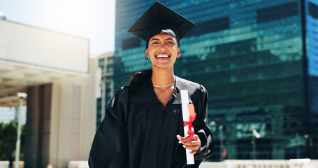 Portrait, outdoor and woman with graduation, university and smile with diploma, education or...