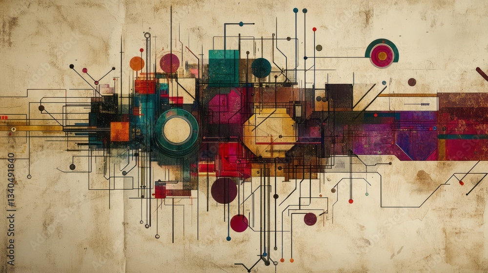 Poster abstract geometric composition featuring interconnected lines and colorful shapes
