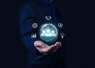 Businessman showing leadership icons of recruitment, growth for business purpose, collaboration, management, process and business goals for success.