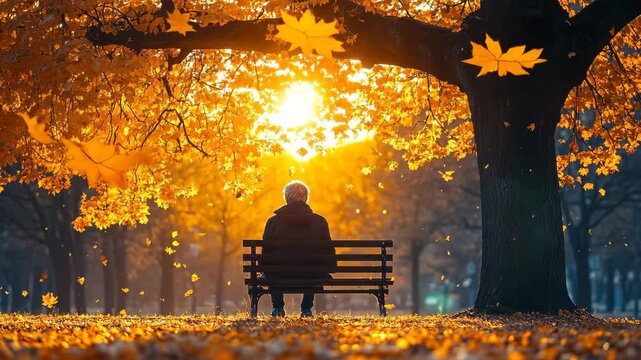 Elderly person sitting alone on a park bench under golden autumn leaves, illuminated by warm sunlight. A peaceful and reflective moment. 4K video