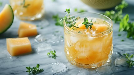Refreshing Melon Cocktail with Ice and Herbs: A Cool and Fruity Beverage Infused with Freshness for the Perfect Summer Escape