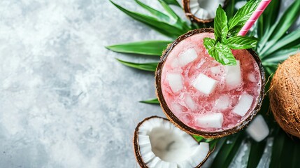 Refreshing Pink Coconut Drink with Garnish: A Tropical and Exotic Beverage for a Sweet, Creamy, and Hydrating Delight
