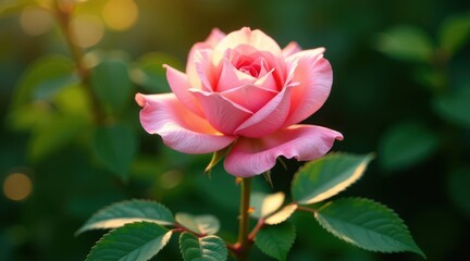 A Single Pink Rose Illuminated by Golden Sunlight in a Lush Garden Setting