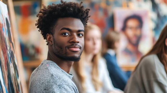 Multiracial students painting inside art room class at university - Focus on african man face