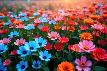 Obraz premium Vibrant Hues of a Blooming Meadow A Captivating Display of Colorful Flowers in Full Bloom, Basking in the Warm Glow of Sunlight