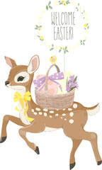 Cute Little Fawn standing with Basket with Easter Eggs. Vector Illustration