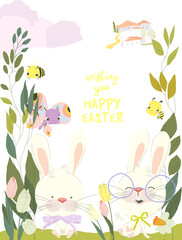 Happy Easter Greeting Card with Cute Bunny. Vector Illustration