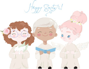 Cute Little Easter Angels on White Background. Vector Illustration