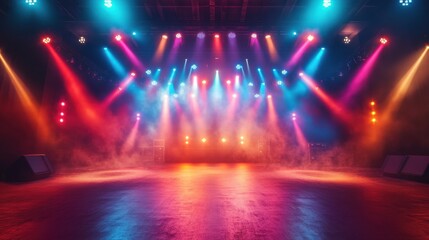 An empty rock concert stage illuminated by vibrant, colorful lights with dramatic fog effects, ready for the band's entrance in a high-energy venue