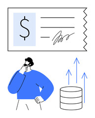 Person thinking near signed financial document and rising arrows with database icon. Ideal for business, finance, investment, strategy, decision making, analytics, growth planning. Minimal flat