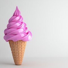 Pink Soft Serve Ice Cream in Waffle Cone on White Background
