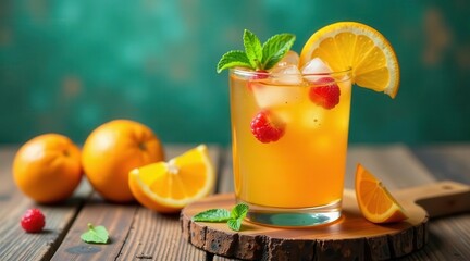 Fototapeta premium Refreshing citrus beverage with ice and raspberries, garnished with orange slices and mint leaves, presented on a rustic wooden surface